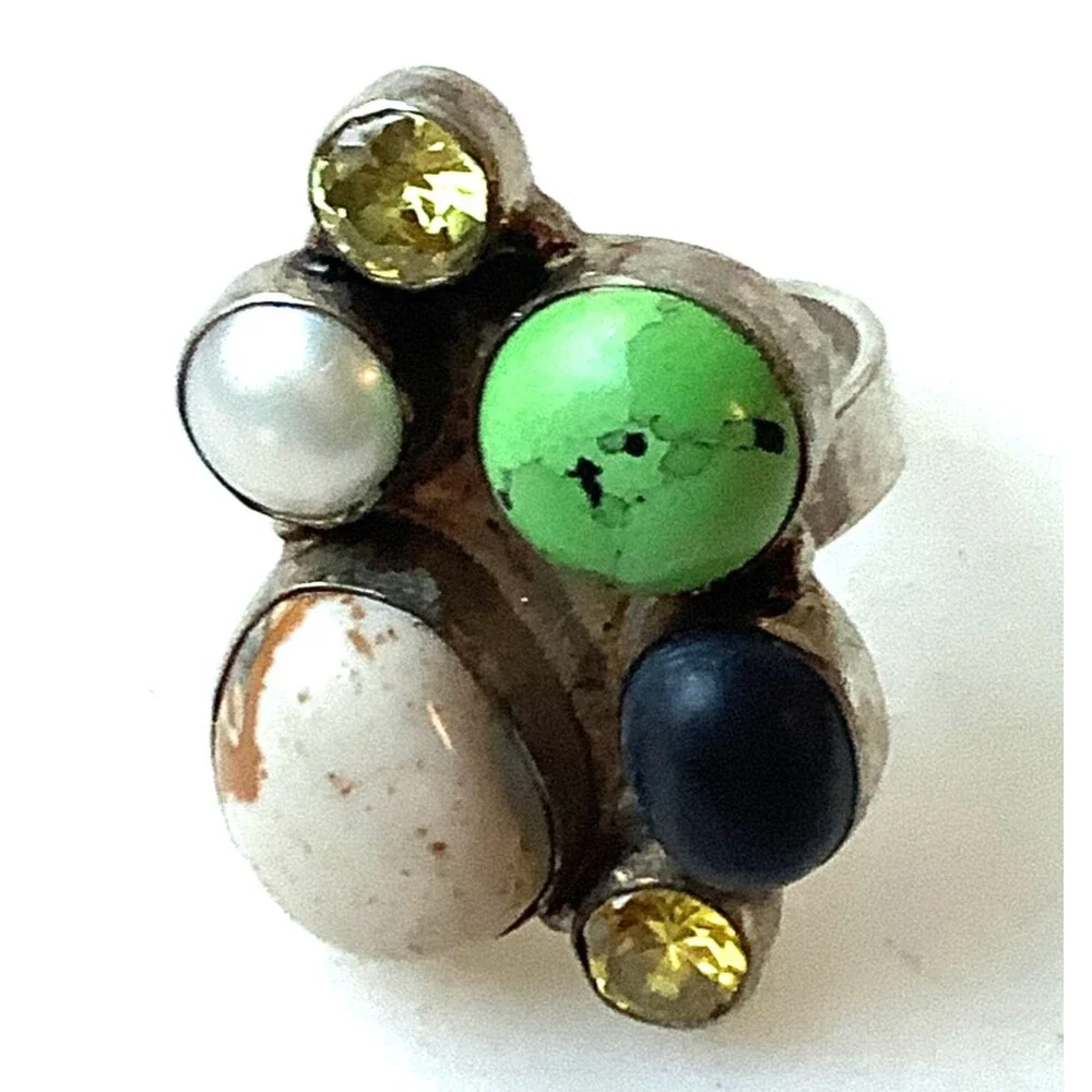 Handcrafted Ring Sterling Silver Vintage Size 8 Multi Stone Cluster Signed 925